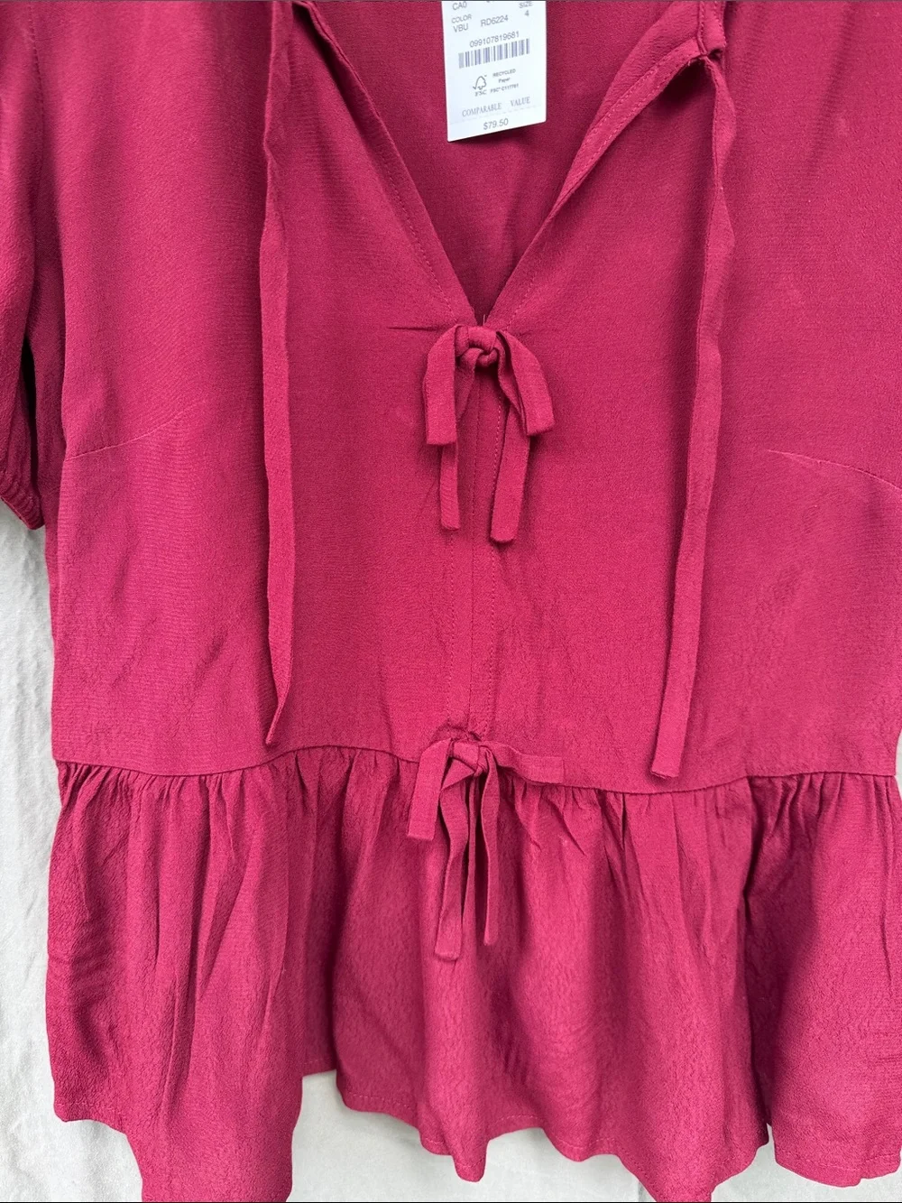 J. Crew Raspberry Tie-Front Peplum Top